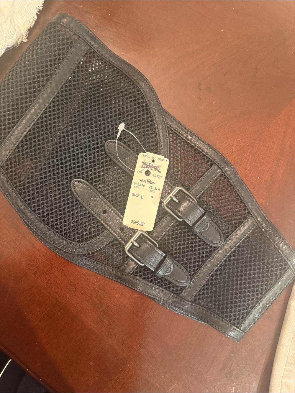Prada Black Mesh Leather-Trim Waist Belt large